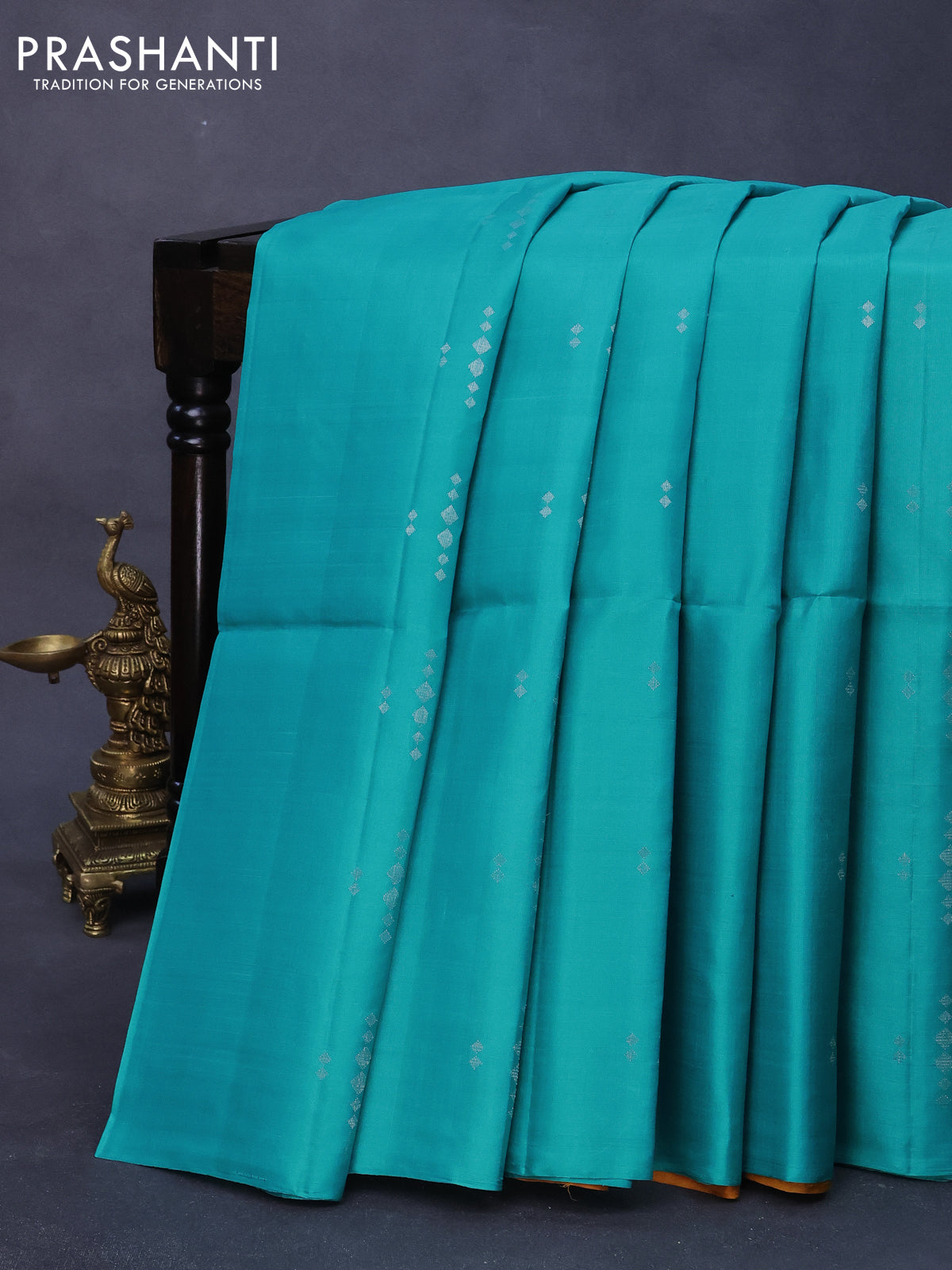 Pure soft silk saree teal blue and dark mustard with silver & gold geometric zari buttas in borderless style