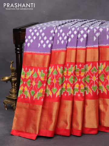 Pochampally silk saree lavender shade and red with allover ikat weaves and long ikat woven zari border