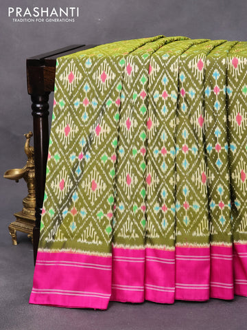 Pochampally silk saree mehendi green and pink with allover ikat weaves and simple border