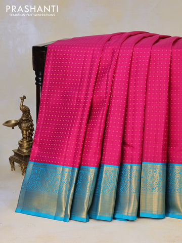 Pure kanjivaram silk saree pink and teal blue with allover checked pattern & buttas and annam zari woven korvai border