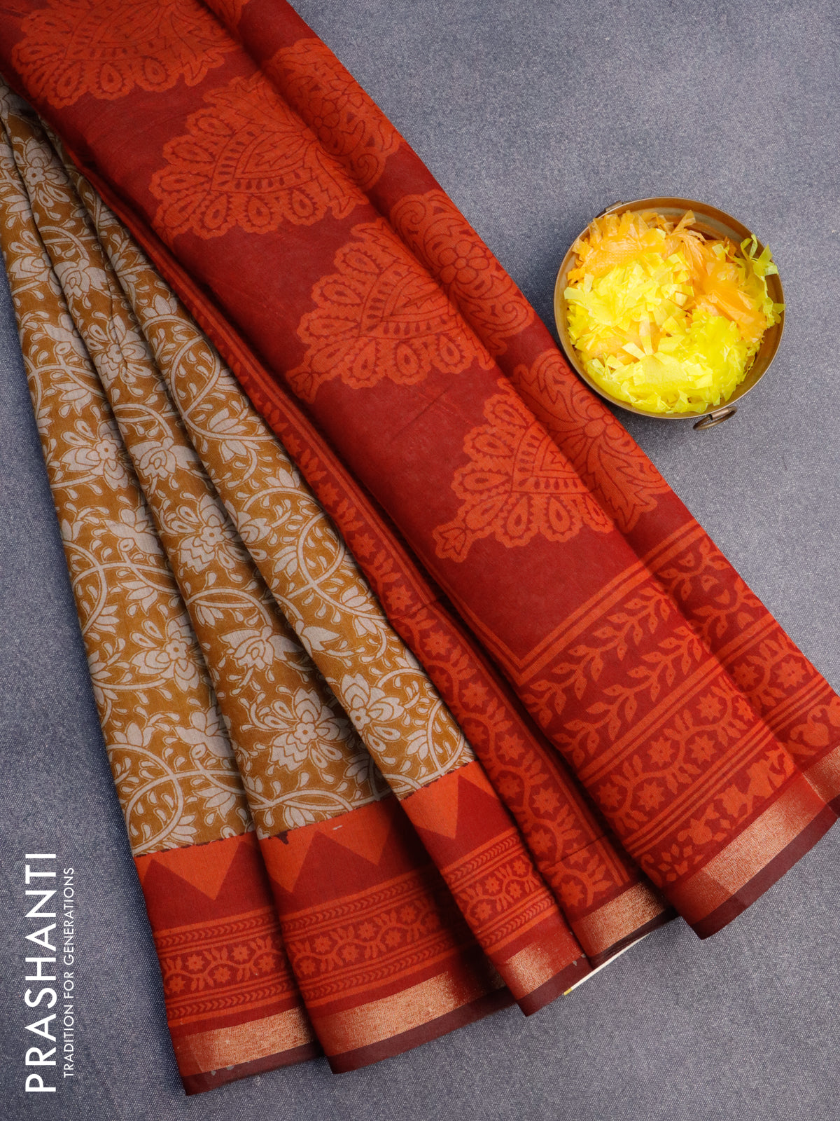 Muslin cotton saree dark mustard and maroon with allover floral prints and small zari woven border