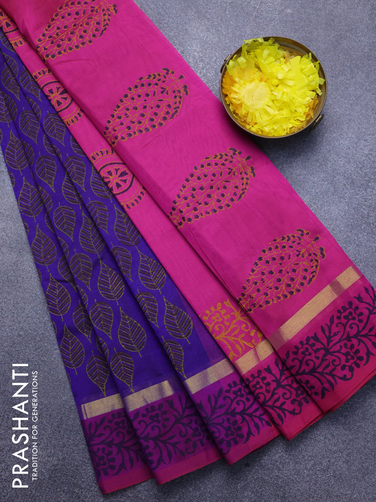 Silk cotton block printed saree blue and pink with leaf butta prints and zari woven simple border