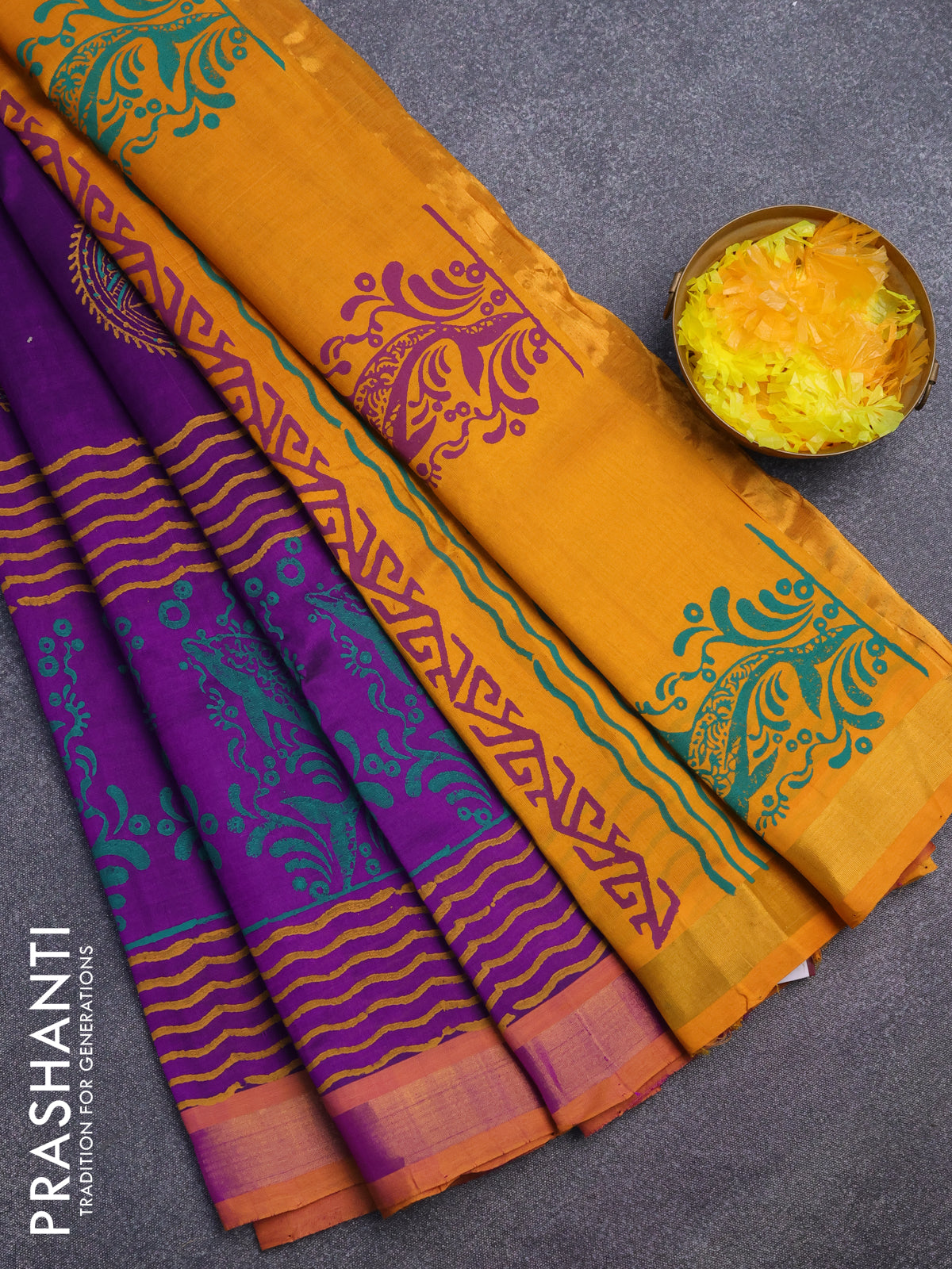 Silk cotton block printed saree deep purple and mustard yellow with allover prints and zari woven border