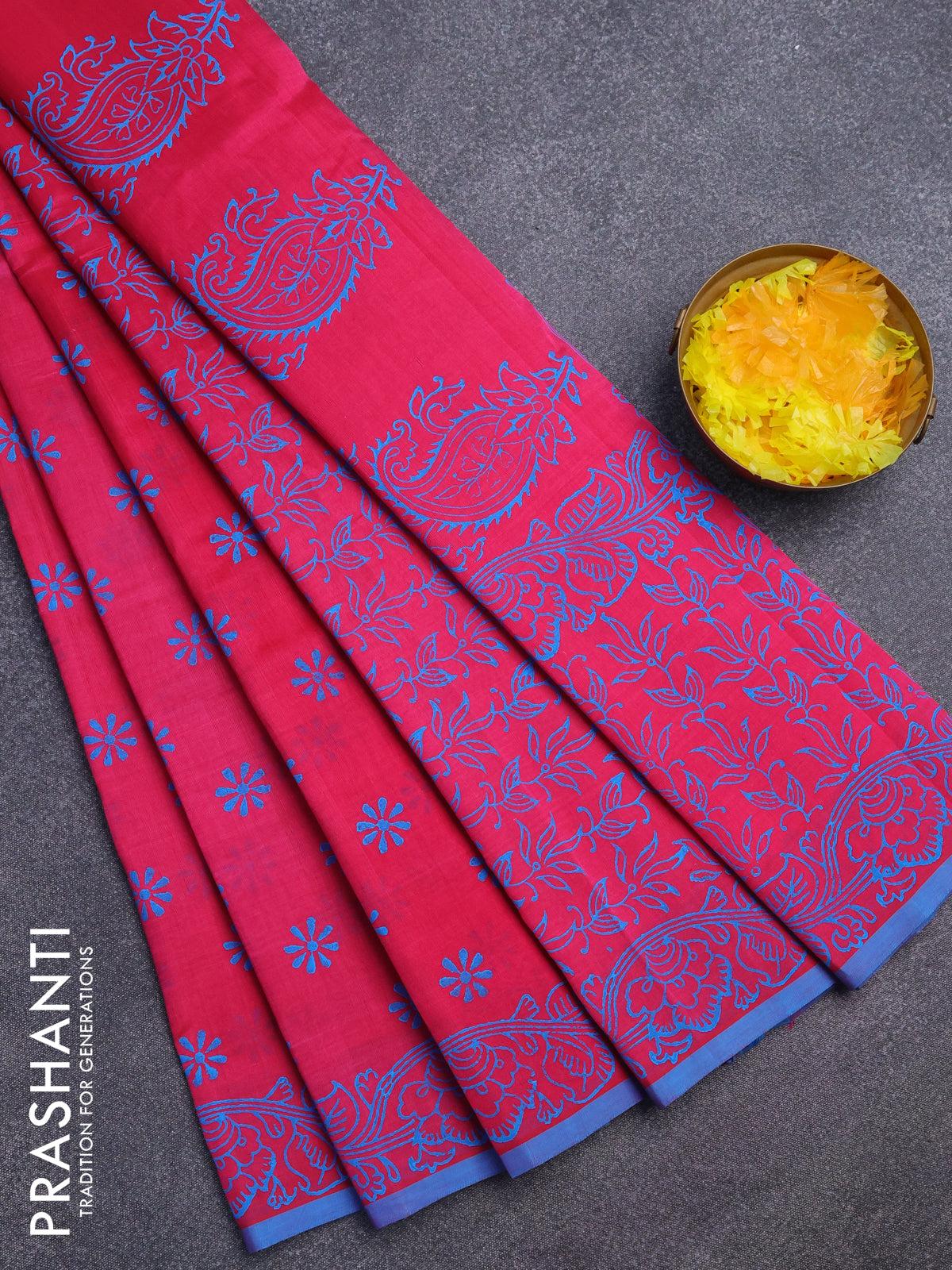 Silk cotton block printed saree pink and blue with allover floral butta prints and printed border