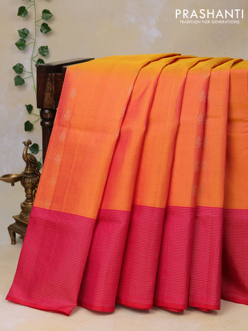 Pure soft silk saree dual shade of yellow and pink with allover silver zari weaves and silver zari woven border