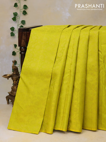 Pure soft silk saree lime yellow and teal blue with allover zari woven brocade weaves in borderless style