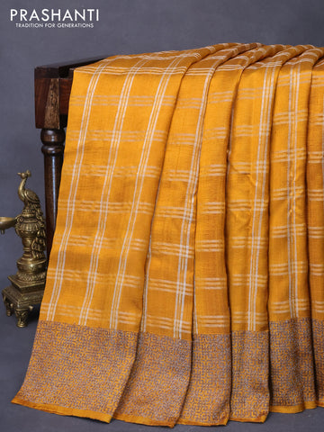 Banarasi raw silk saree mustard yellow with allover zari checked pattern and woven border