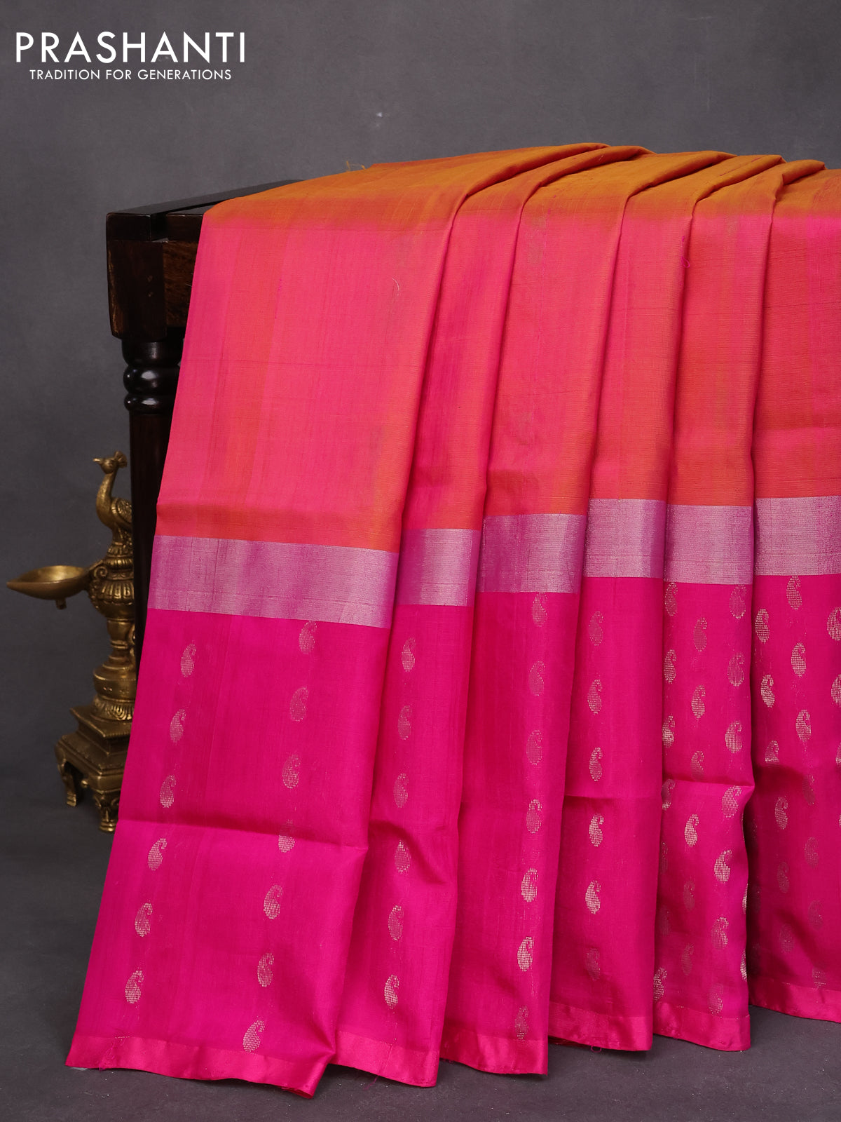 Pure uppada silk saree dual shade of pinkish yellow and magenta pink with thread & silver zari woven buttas and long silver zari woven paisley butta border