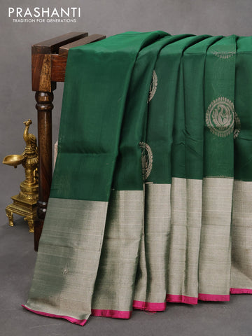 Pure uppada silk saree green and magenta pink with silver zari woven buttas and silver zari woven border