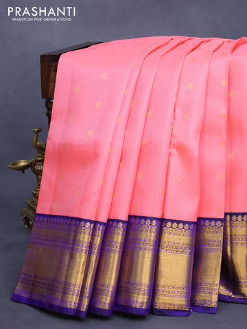 Pure kanjivaram silk saree peach pink and blue with zari woven buttas and zari woven border