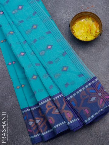 Bengal cotton saree teal blue and blue with thread woven buttas and copper zari woven border without blouse