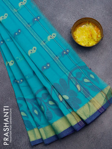 Bengal cotton saree teal blue shade and blue with thread woven buttas and long thread & zari woven border without blouse