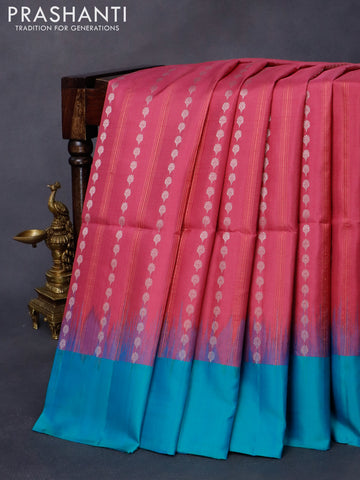 Pure soft silk saree dark pink and dual shade of teal bluish green with silver & copper zari weaves and simple border