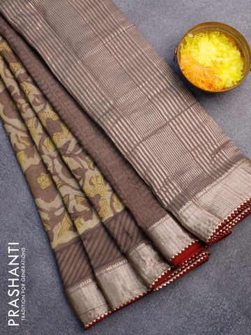 Chanderi silk cotton saree elaichi green and maroon with natural vegetable prints and zari woven gotapatti lace border