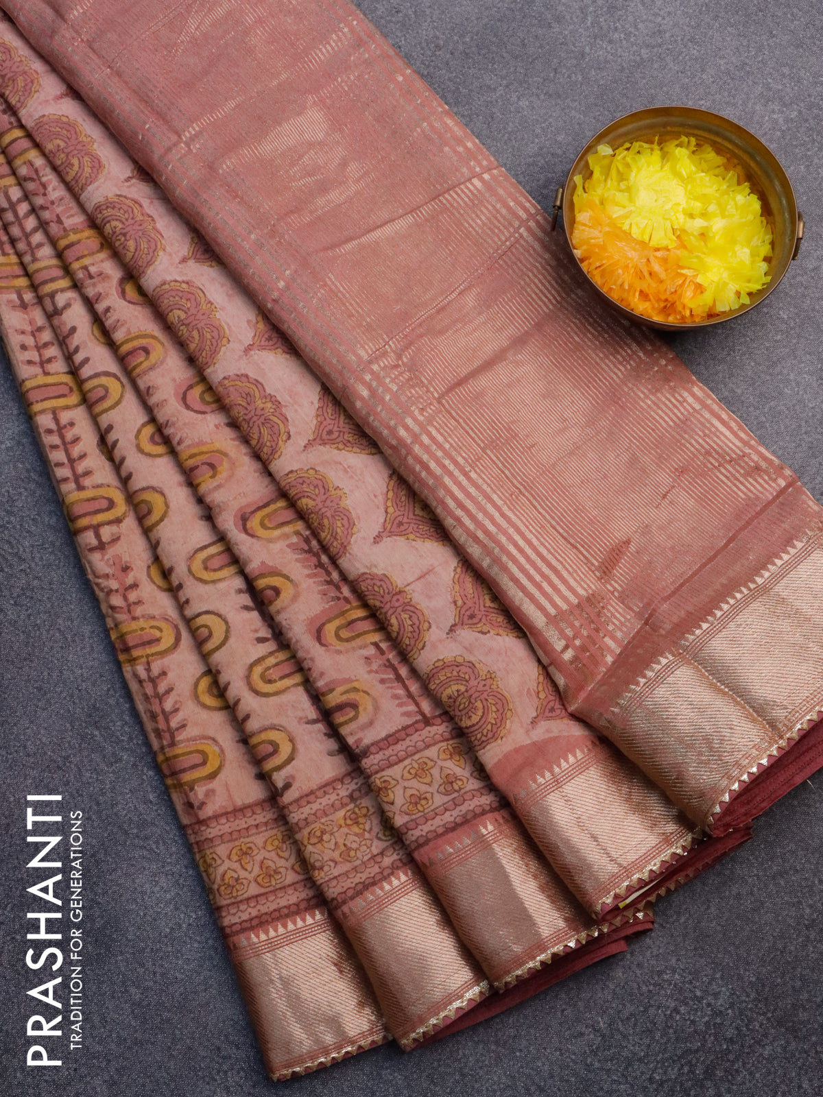 Chanderi silk cotton saree pastel shade with natural vegetable prints and zari woven gotapatti lace border