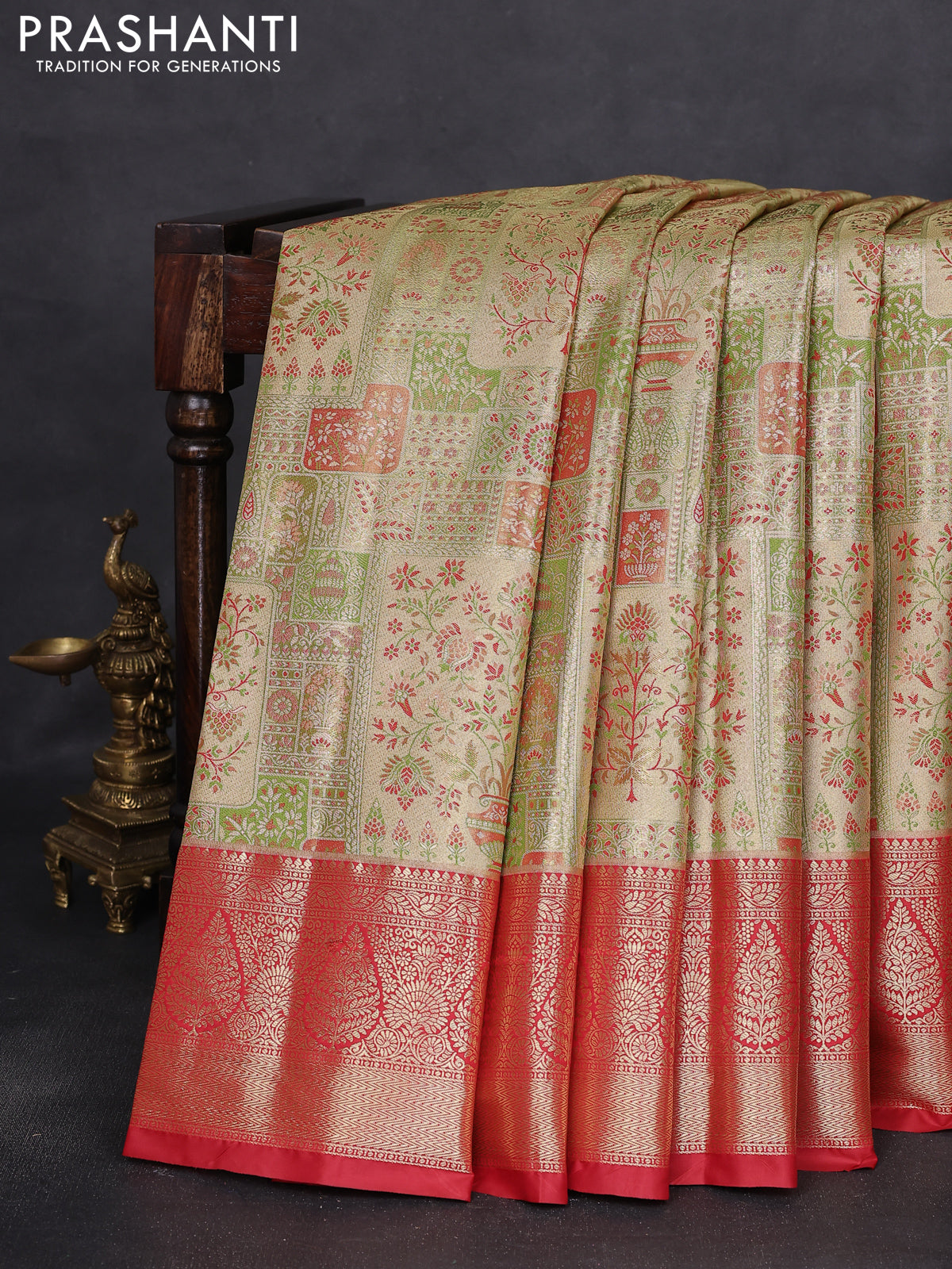 Bangalori tissue silk saree light green and red with allover zari woven mina weaves and zari woven border