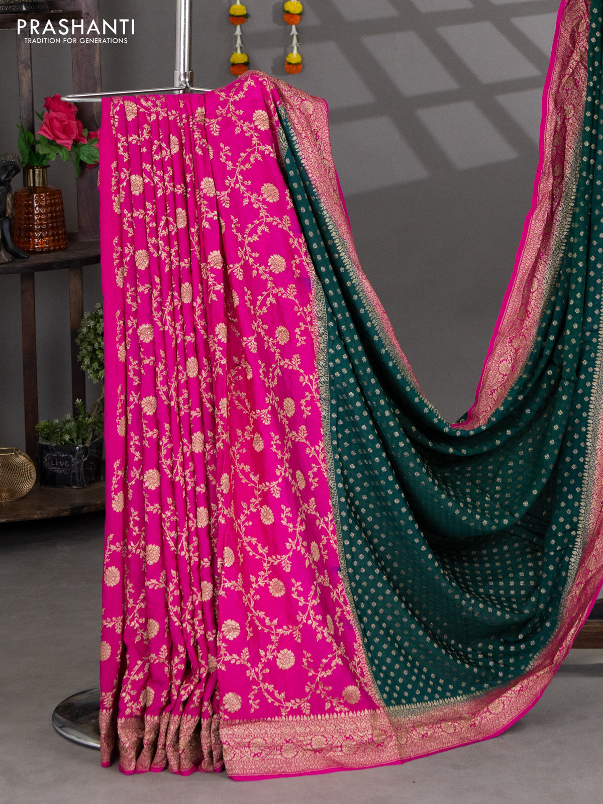 Banarasi crepe partly saree green and pink with woven buttas and woven border