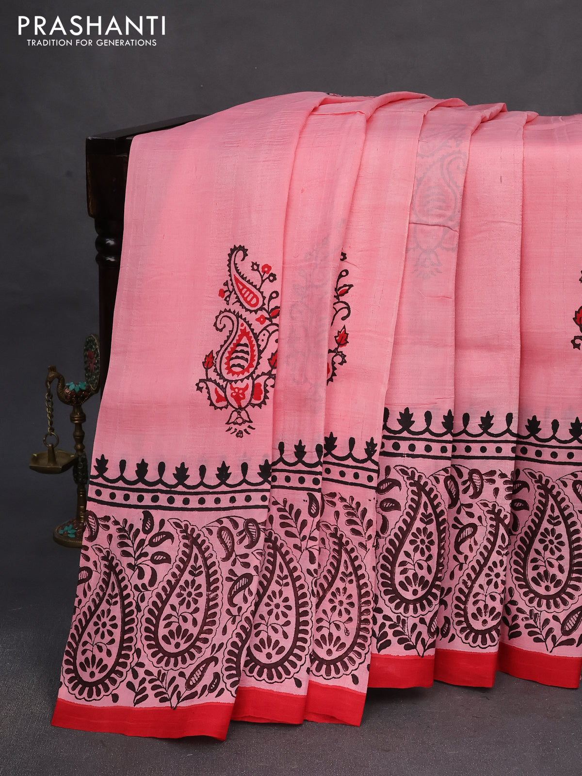 Bishnupuri silk saree peach pink and red with butta prints and printed border