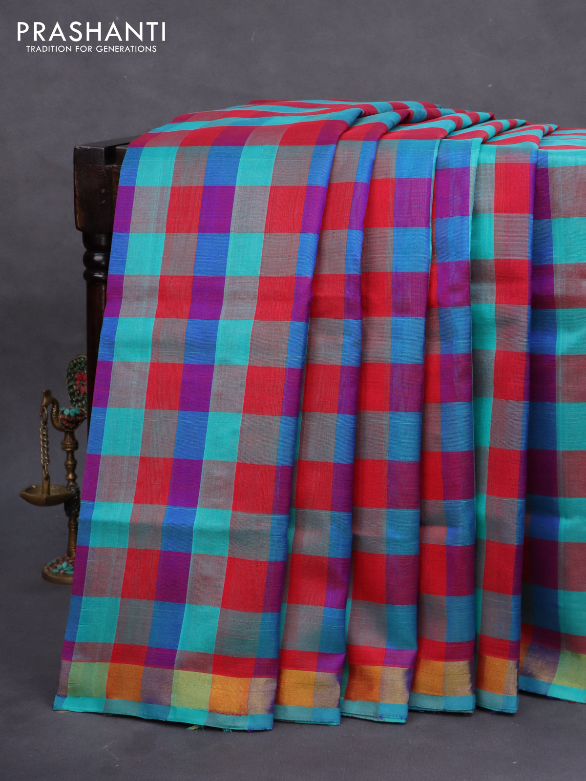 10 yards silk cotton saree multi colour and teal green with allover paalum pazhamum checks and zari woven border