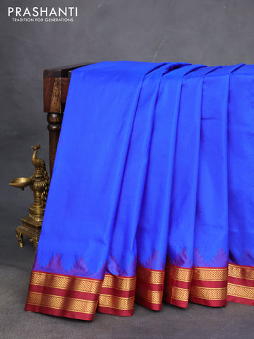 10 yards silk saree blue and maroon with plain body and temple design zari woven border