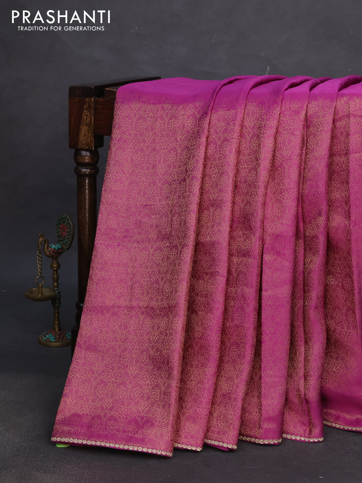 Banarasi semi crepe saree purple shade with allover zari woven brocade weaves and lace work border