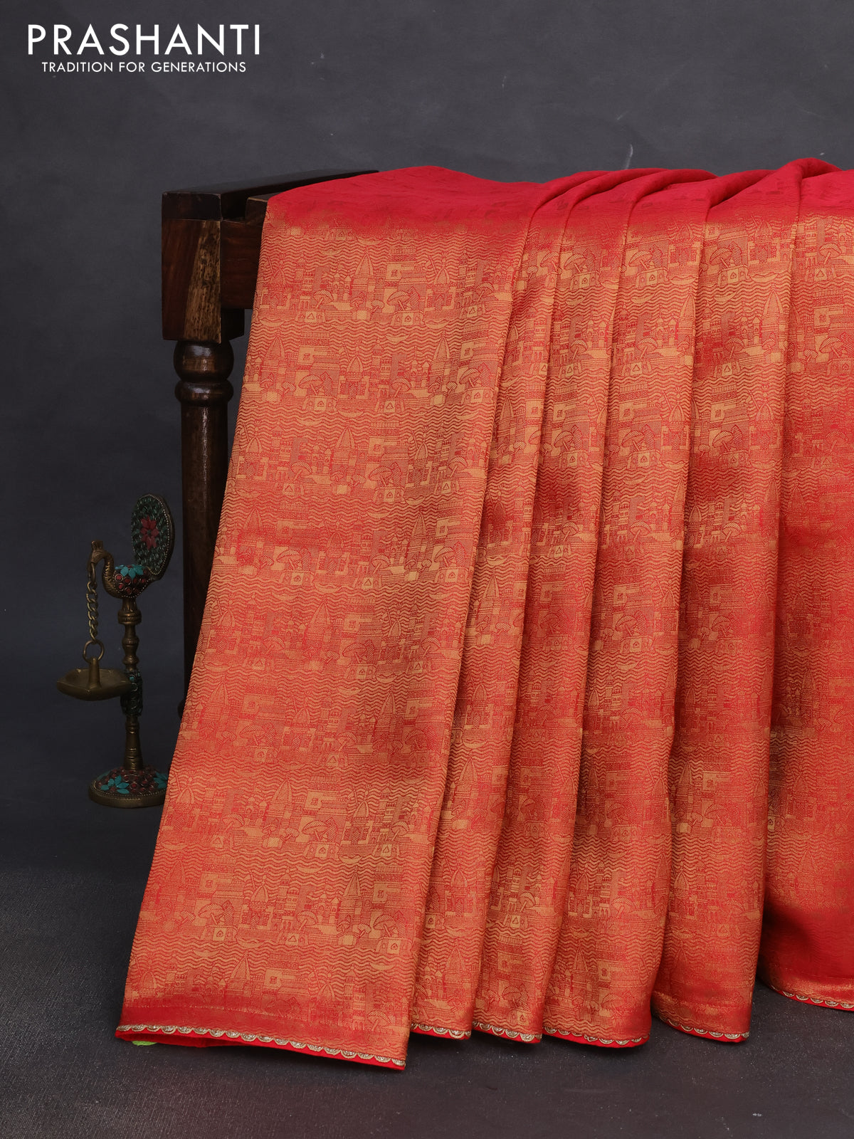 Banarasi semi crepe saree red with allover zari woven brocade weaves and lace work border