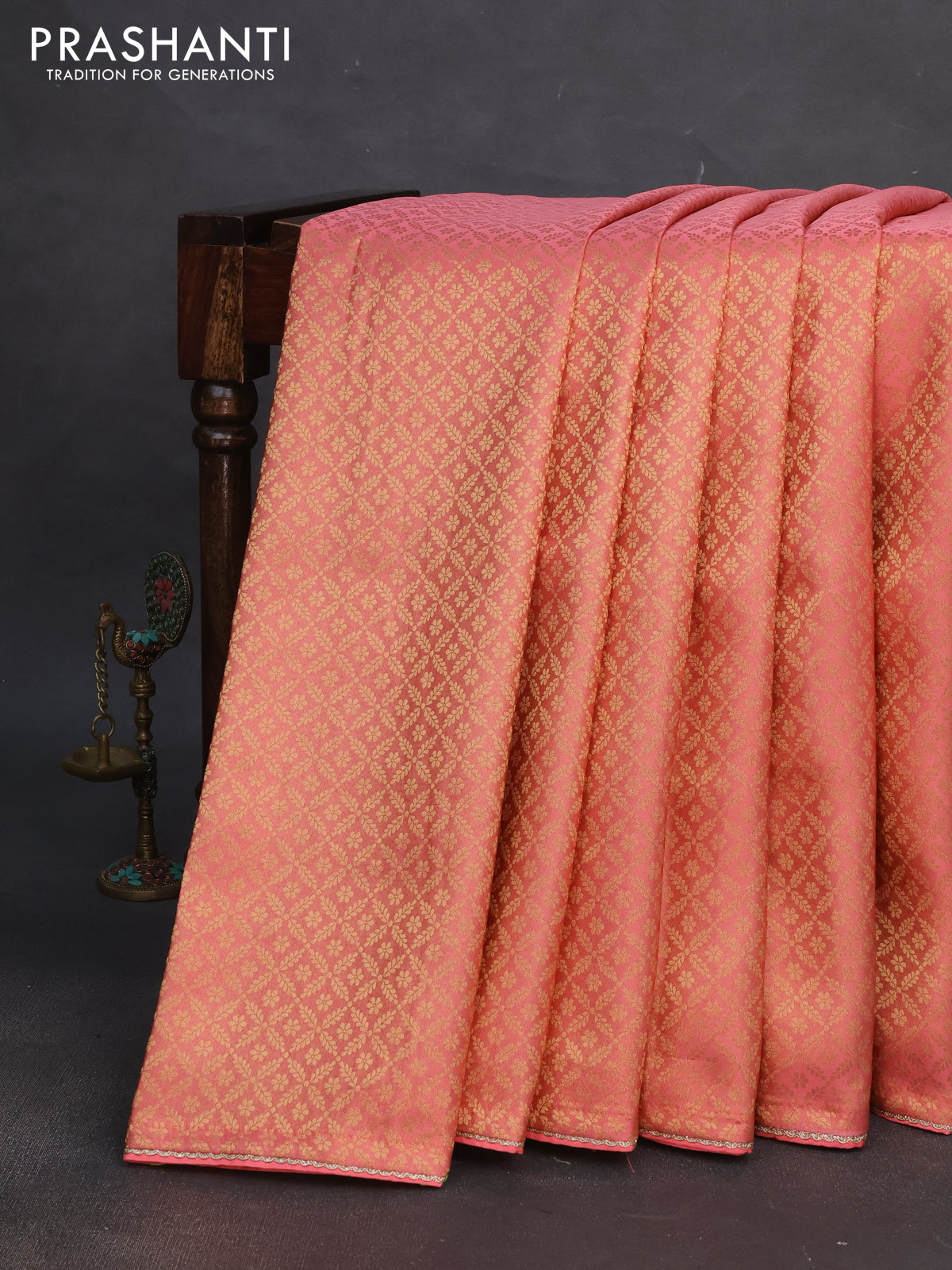 Banarasi semi crepe saree peach pink with allover zari woven brocade weaves and lace work border