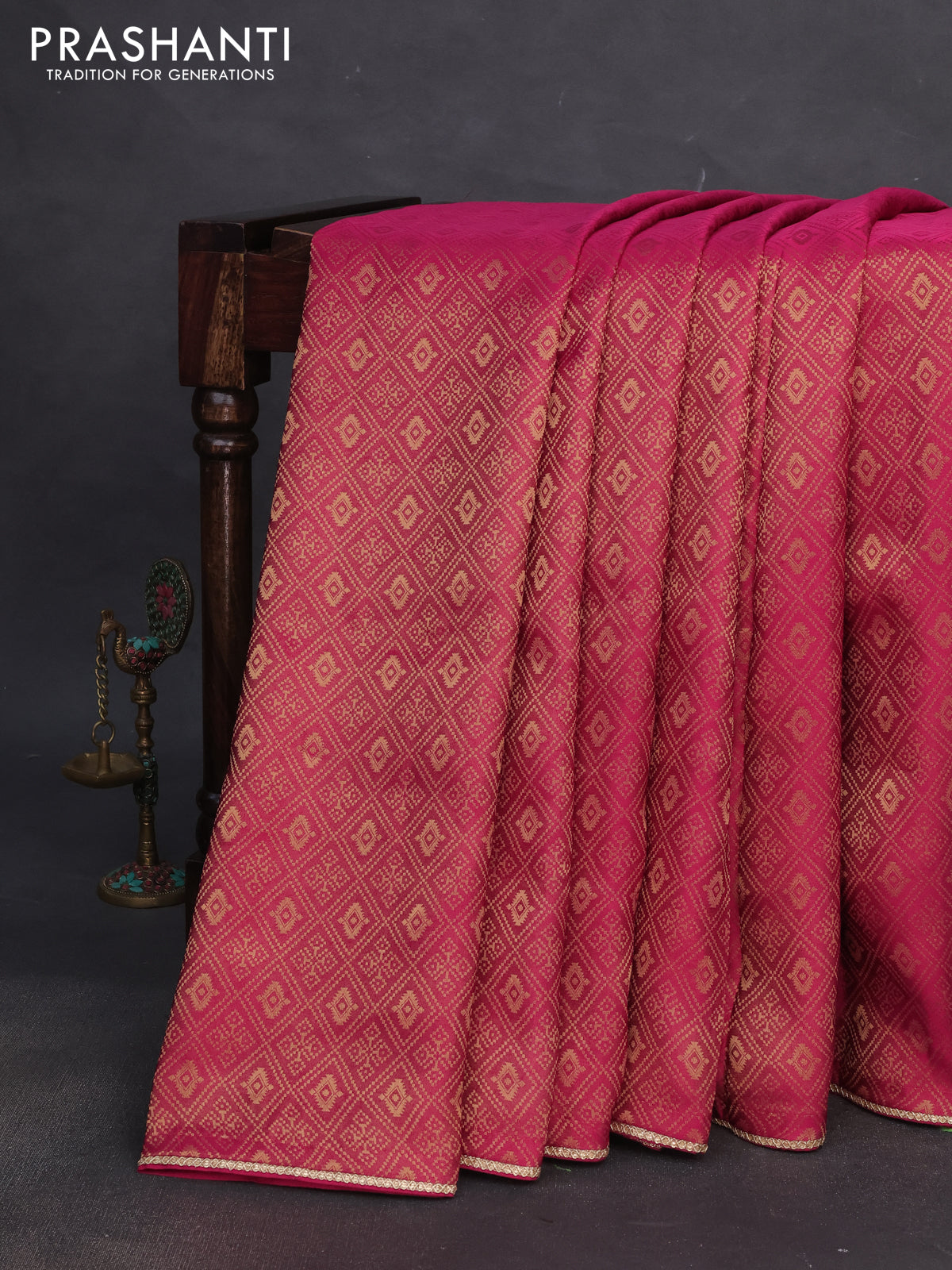 Banarasi semi crepe saree pink with allover zari woven brocade weaves and lace work border