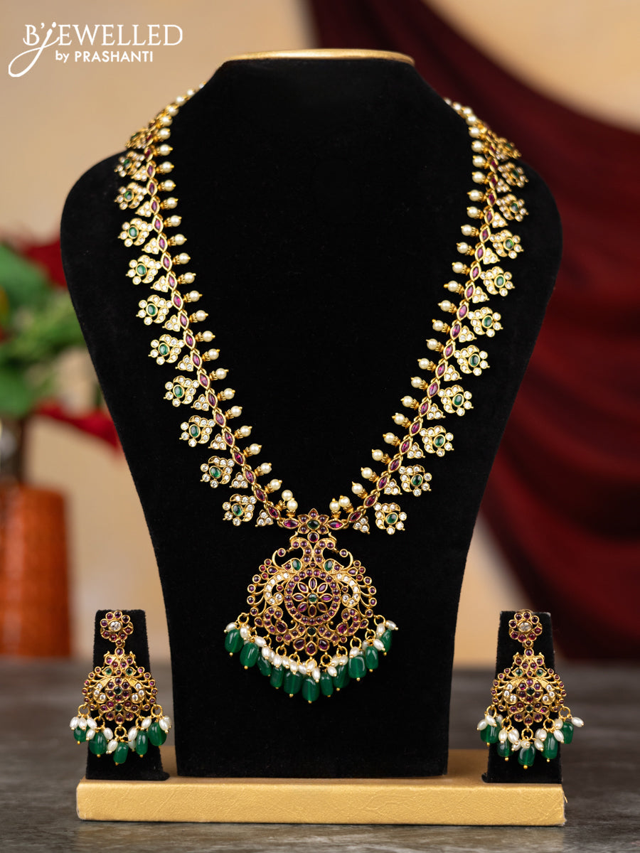 Antique haram with kemp & cz stones and pearl & green beads hangings