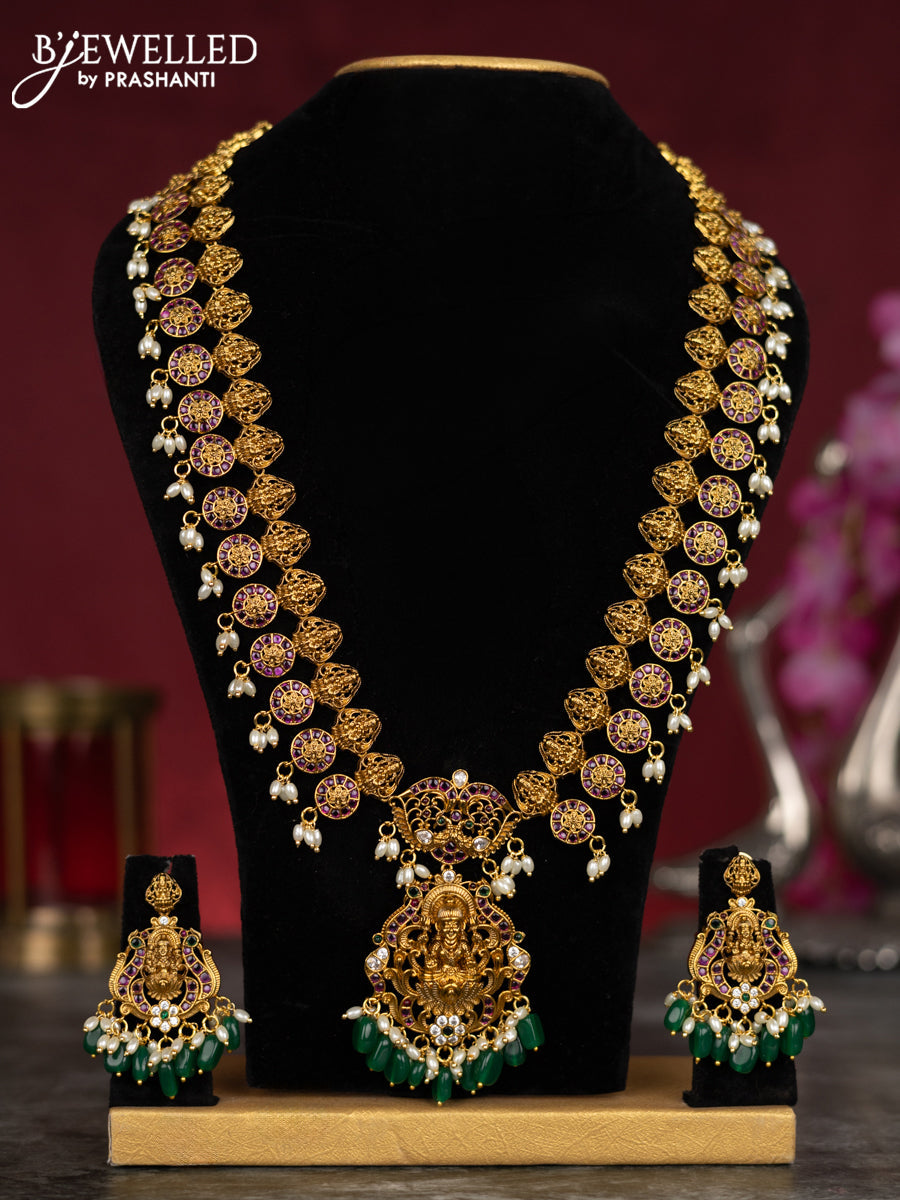 Antique guttapusalu haram lakhmi design with kemp & cz stones and pearl & green beads hangings