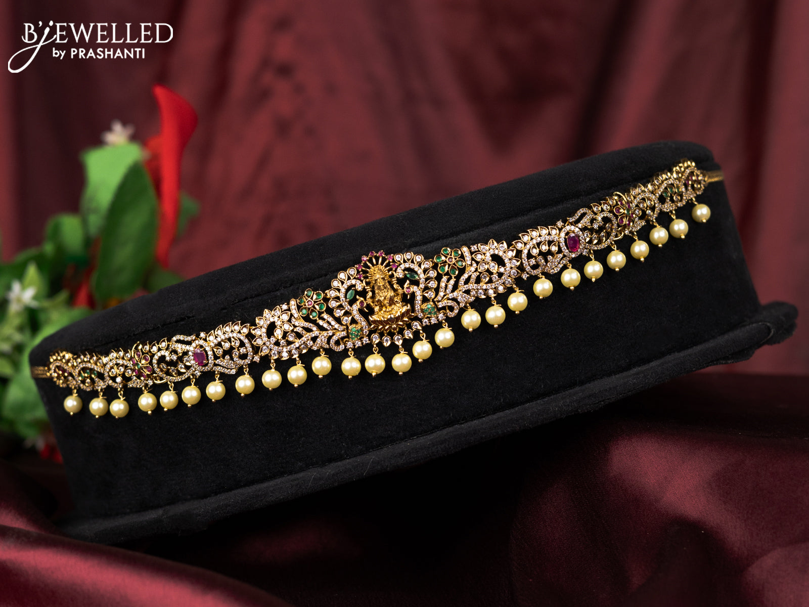 Antique hip belt lakshmi design with kemp & cz stones and pearl hangings