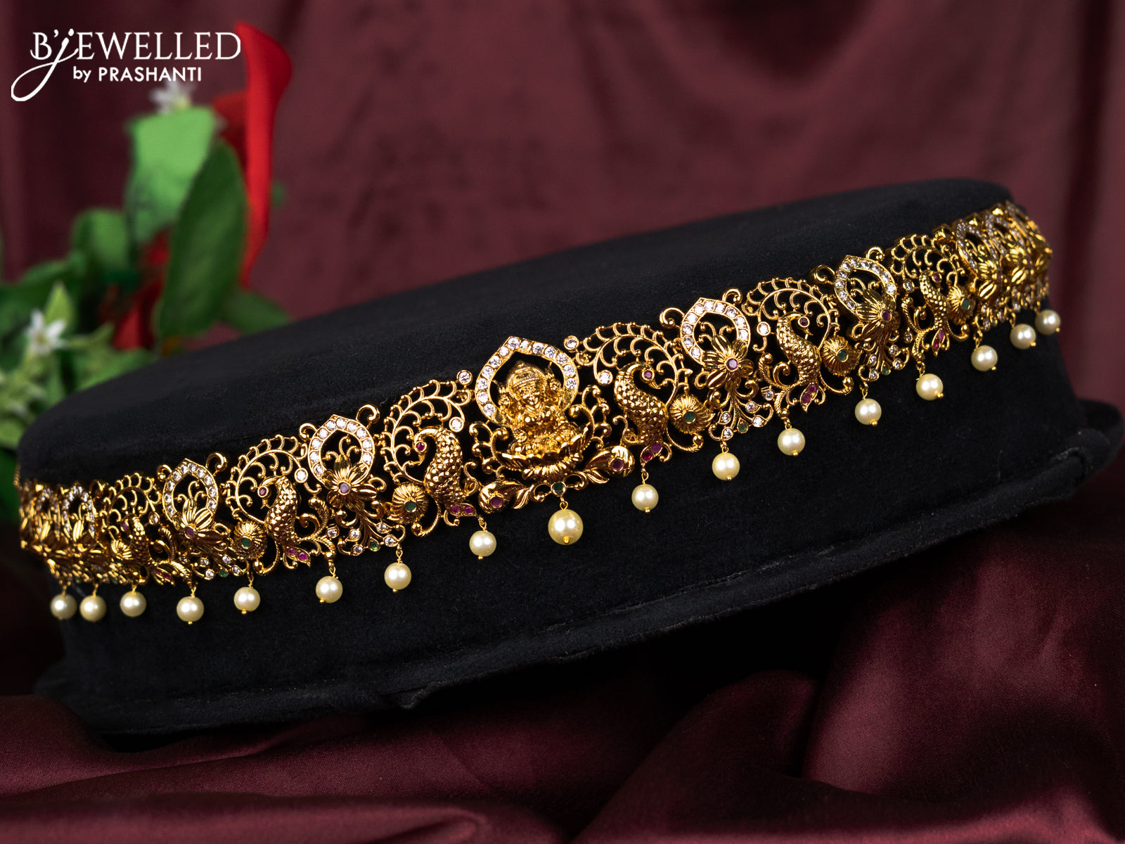 Antique hip belt lakshmi & peacock design with kemp & cz stones and pearl hangings
