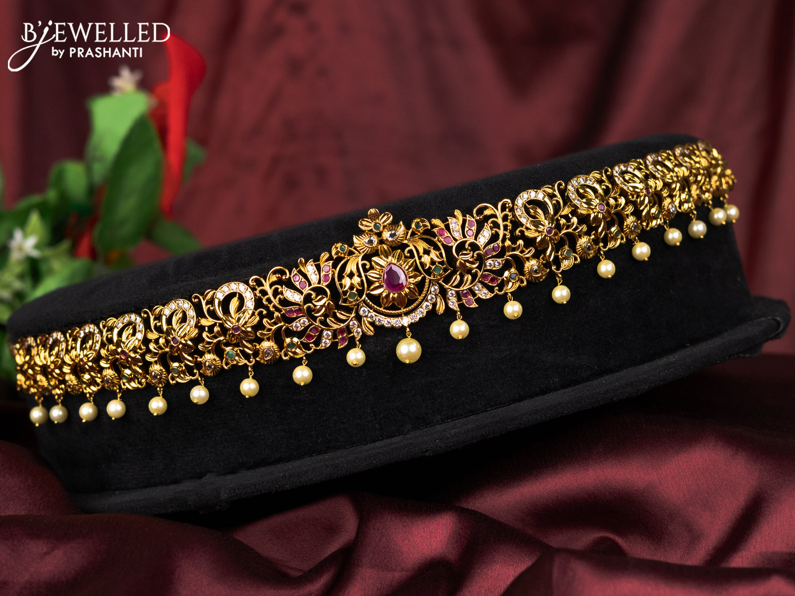 Antique hip belt floral design with kemp & cz stones and pearl hangings