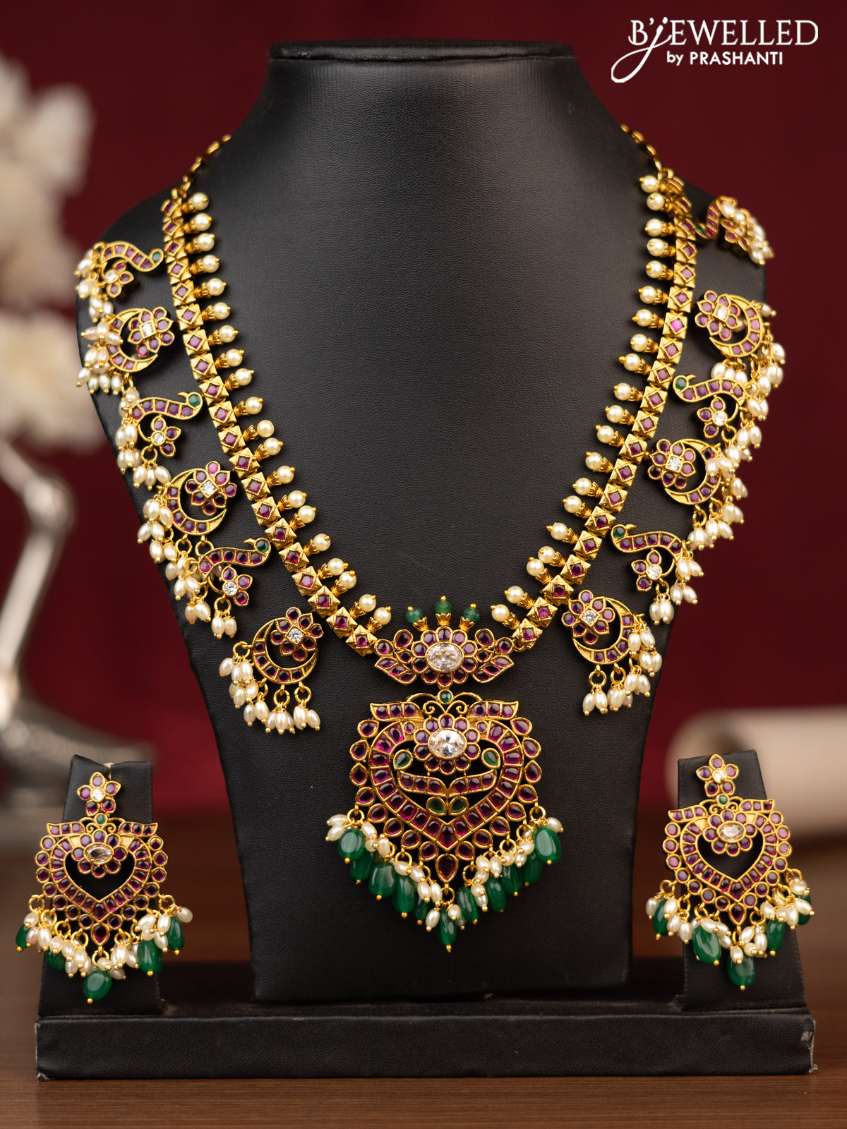 Antique guttapusalu necklace chandbali design with kemp & cz stones and pearl & beads hanging
