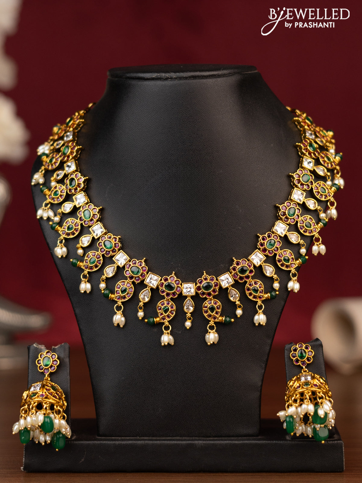 Antique guttapusalu necklace manga pattern with kemp & cz stones and pearl & beads hanging