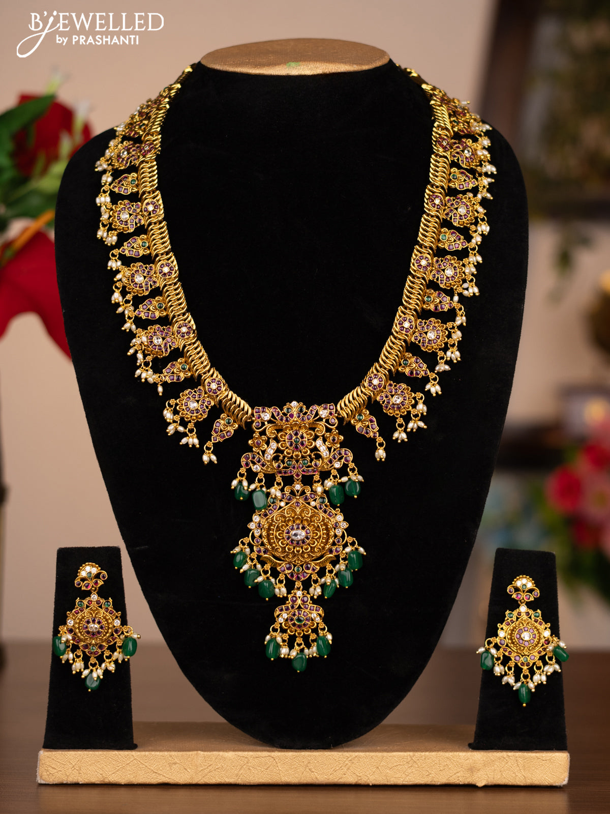 Antique haram flower design with kemp stones and pearl beads hanging