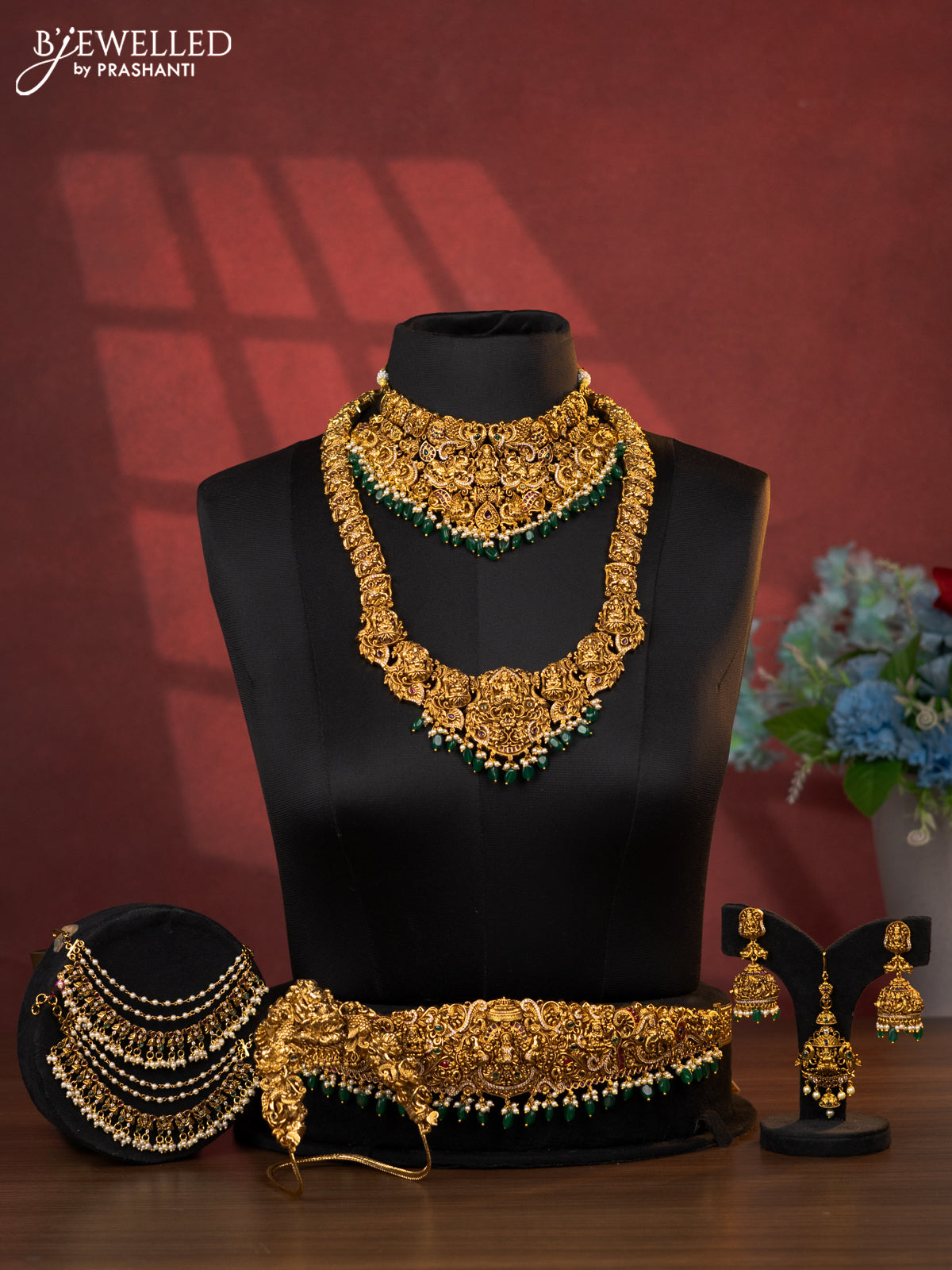 Antique bridal set lakshmi design with kemp cz stones and pearl & golden beads hanging