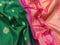 Pure gadwal silk saree green and pink with zari woven buttas and temple design long zari woven border