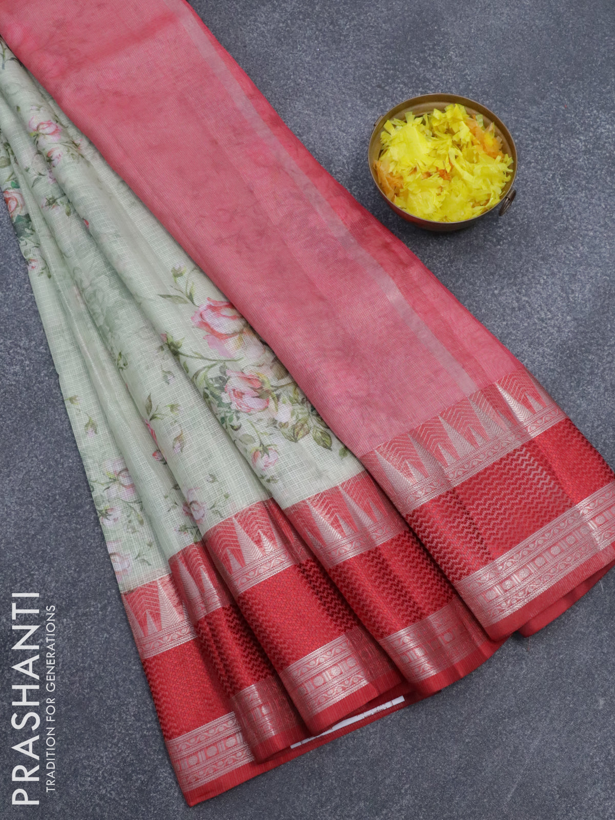 Banarasi kota saree pista green and red with allover floral digital prints and rettapet silver zari woven border