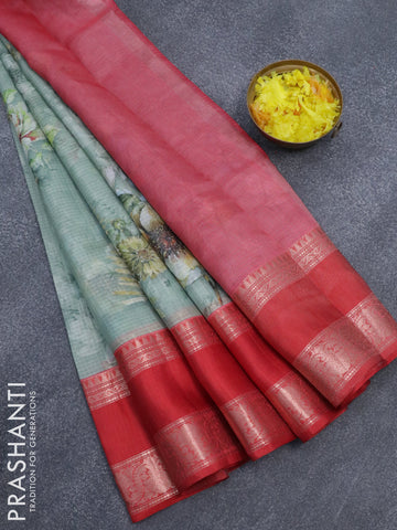 Banarasi kota saree pastel green and red with floral digital prints and rettapet zari woven border