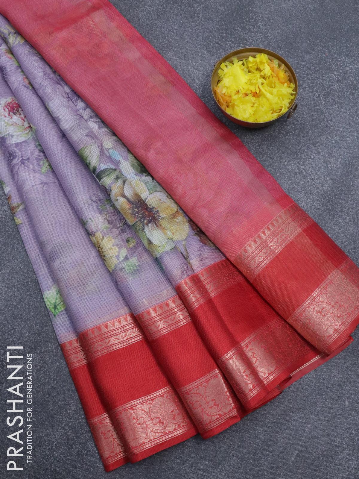 Banarasi kota saree mild purple and red with floral digital prints and rettapet zari woven border