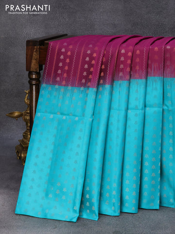 Pure soft silk saree purple and teal blue with allover silver & copper zari weaves and silver & copper zari woven butta border