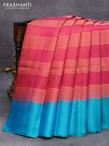 Pure soft silk saree maroon shade and dual shade of bluish green with allover copper zari checked pattern and simple border