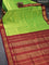 10 yards silk cotton saree light green and maroon with plain body and floral zari woven border without blouse