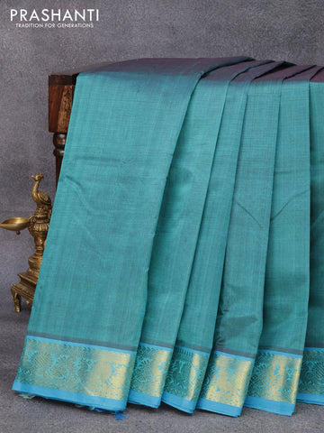 10 yards silk cotton saree teal green shade and cs blue with plain body and annam zari woven border without blouse