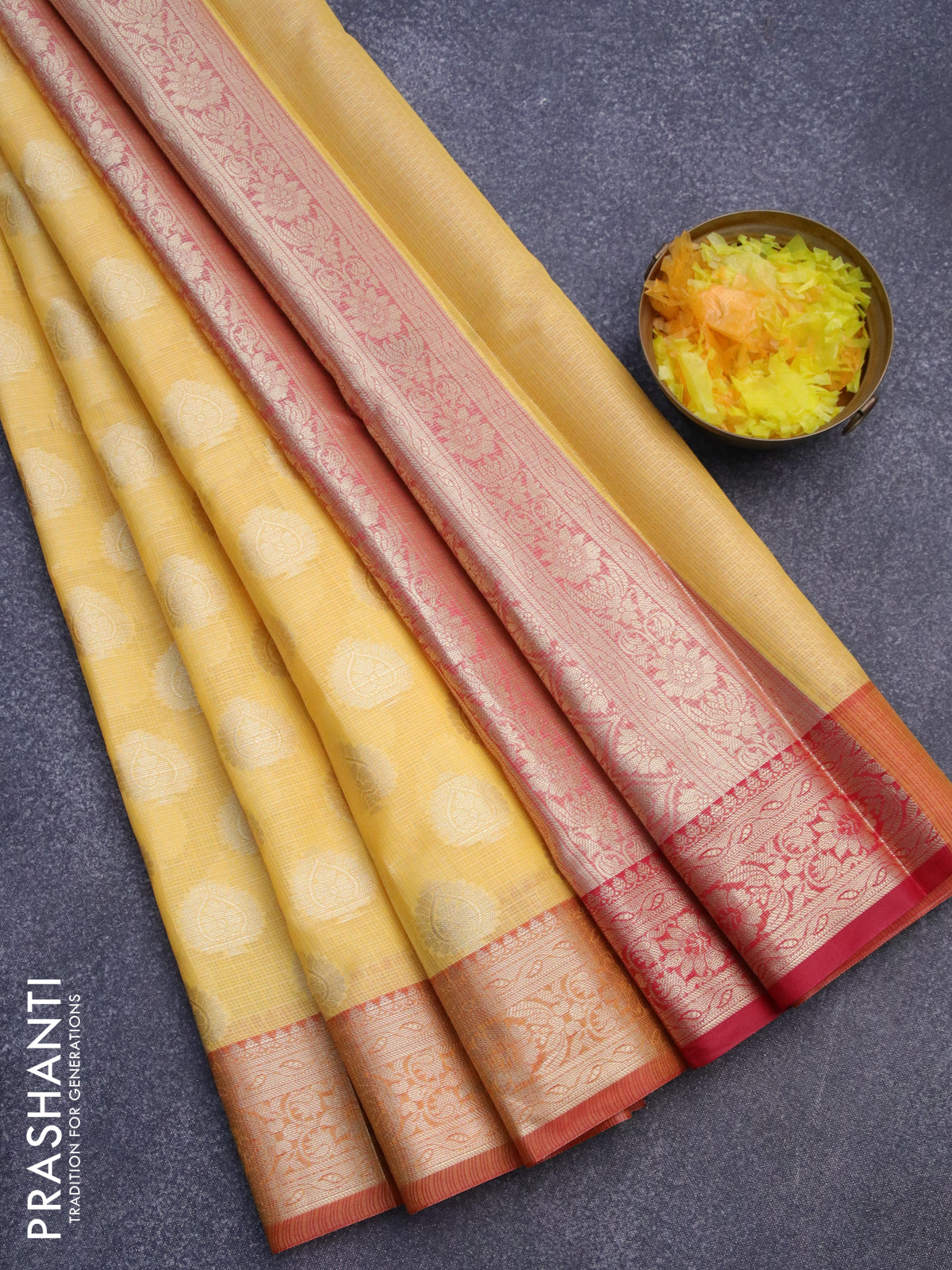 Banarasi kota saree yellow and red with zari woven buttas and zari woven border