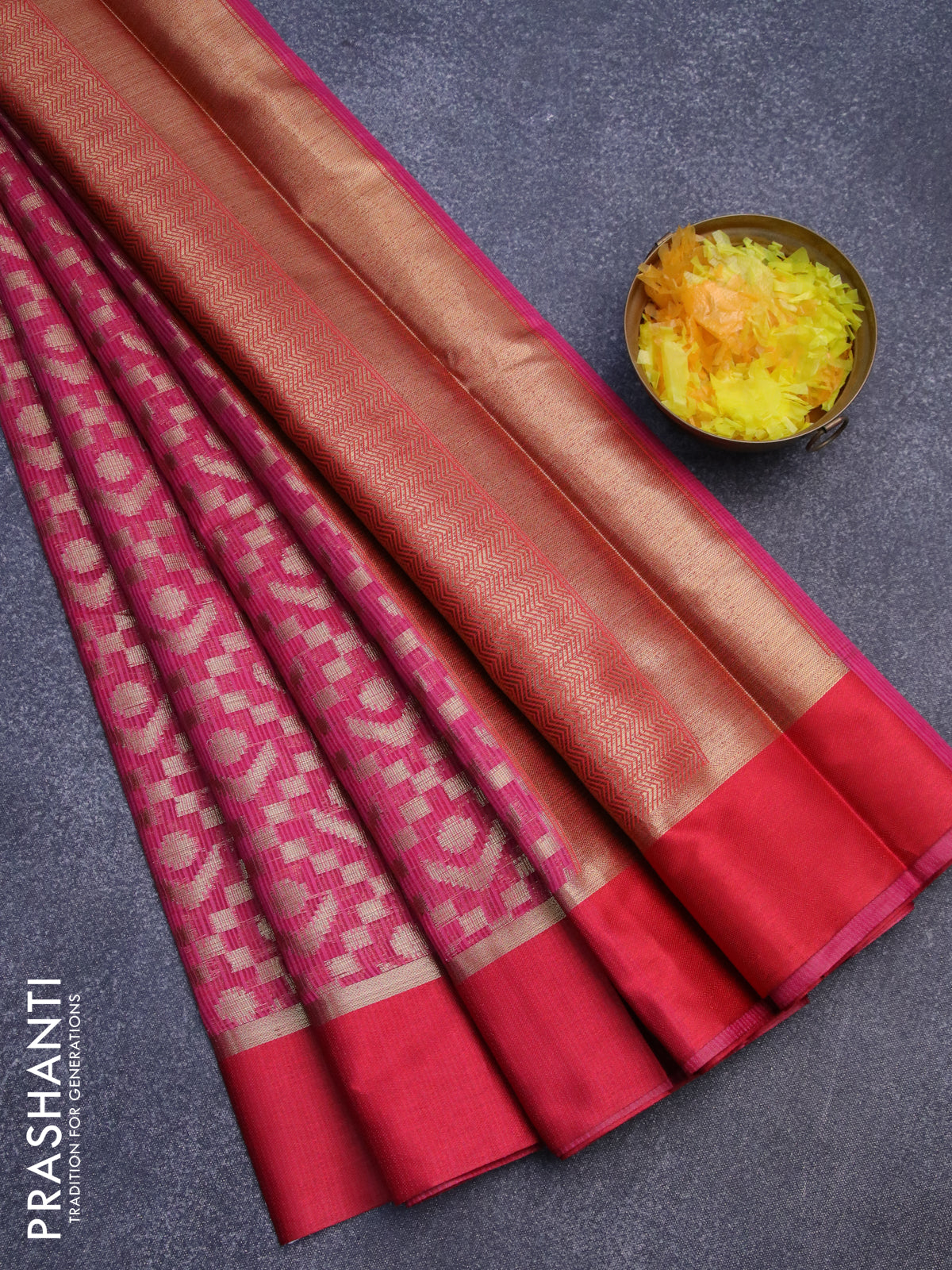 Banarasi kota saree magenta pink and red with allover zari weaves and zari woven simple border