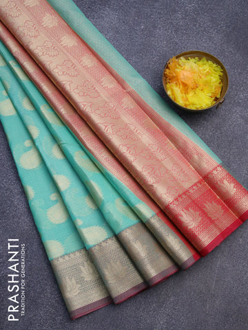 Banarasi kota saree teal blue and maroon with paisley zari woven buttas and floral zari woven border