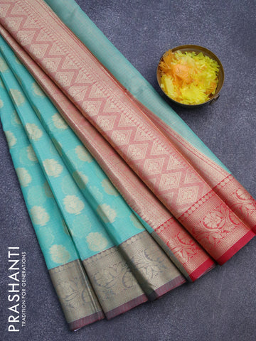 Banarasi kota saree teal blue and maroon with zari woven floral buttas and floral zari woven border