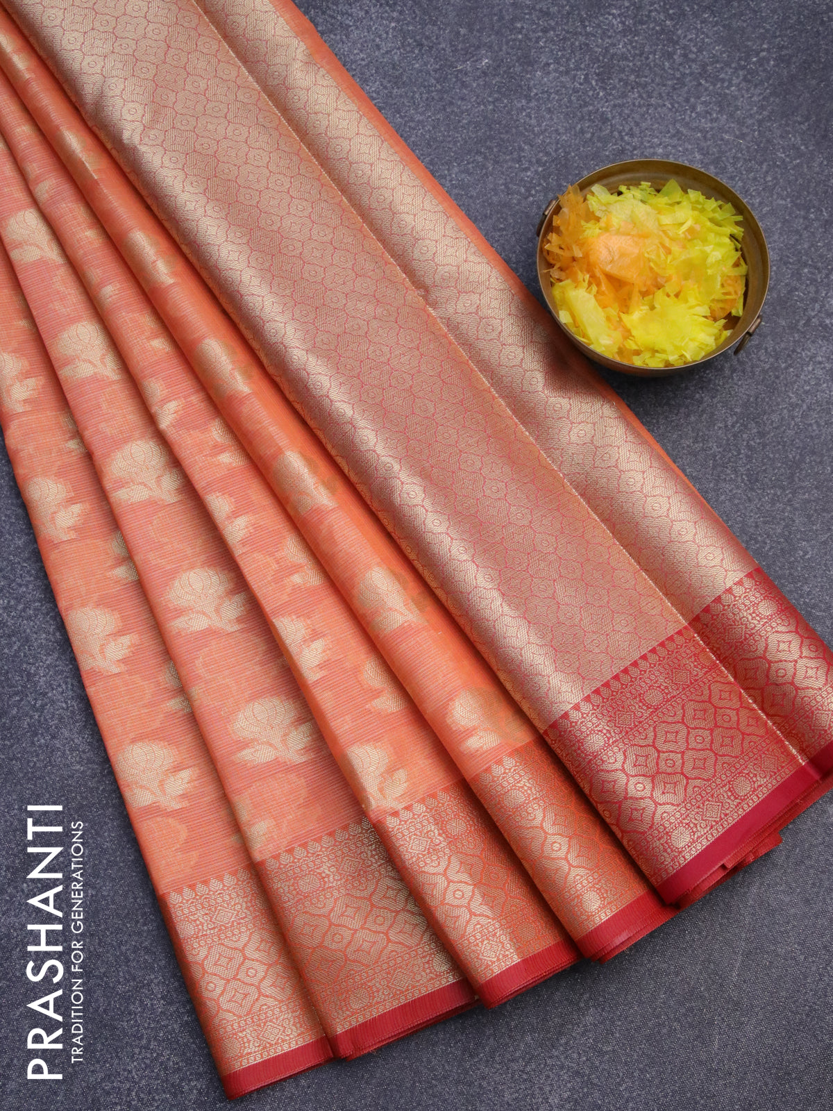 Banarasi kota saree peach orange and red shade with floral zari woven buttas and zari woven border